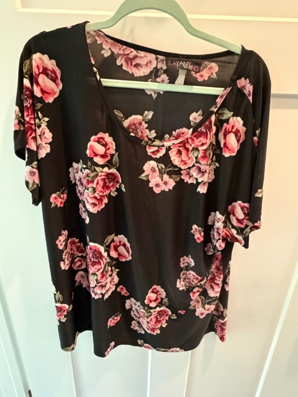 Plus Size 3X Black Floral Blouse Lightweight Short Sleeve Scoop Neck Top